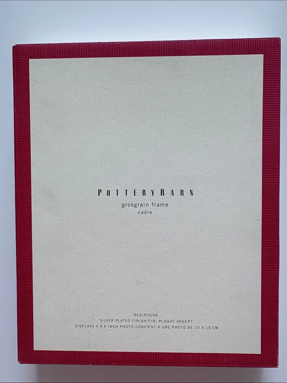 New in Box Pottery Barn 4x6  Silver Plated Frame with Red Grosgrain Mat